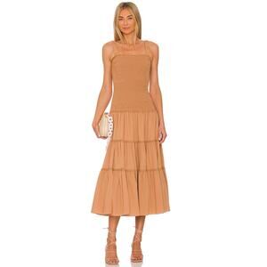 Cinq a Sept Rina Smocked Midi Dress in Sahara Tan 6